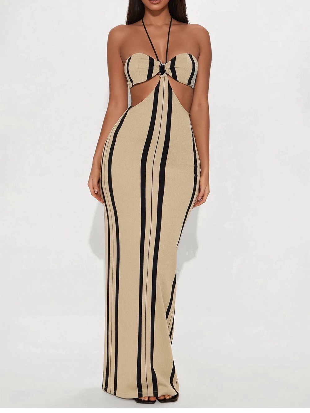 NWT Fashion Nova Beige and Black Striped Halter Skirt Set with stone design